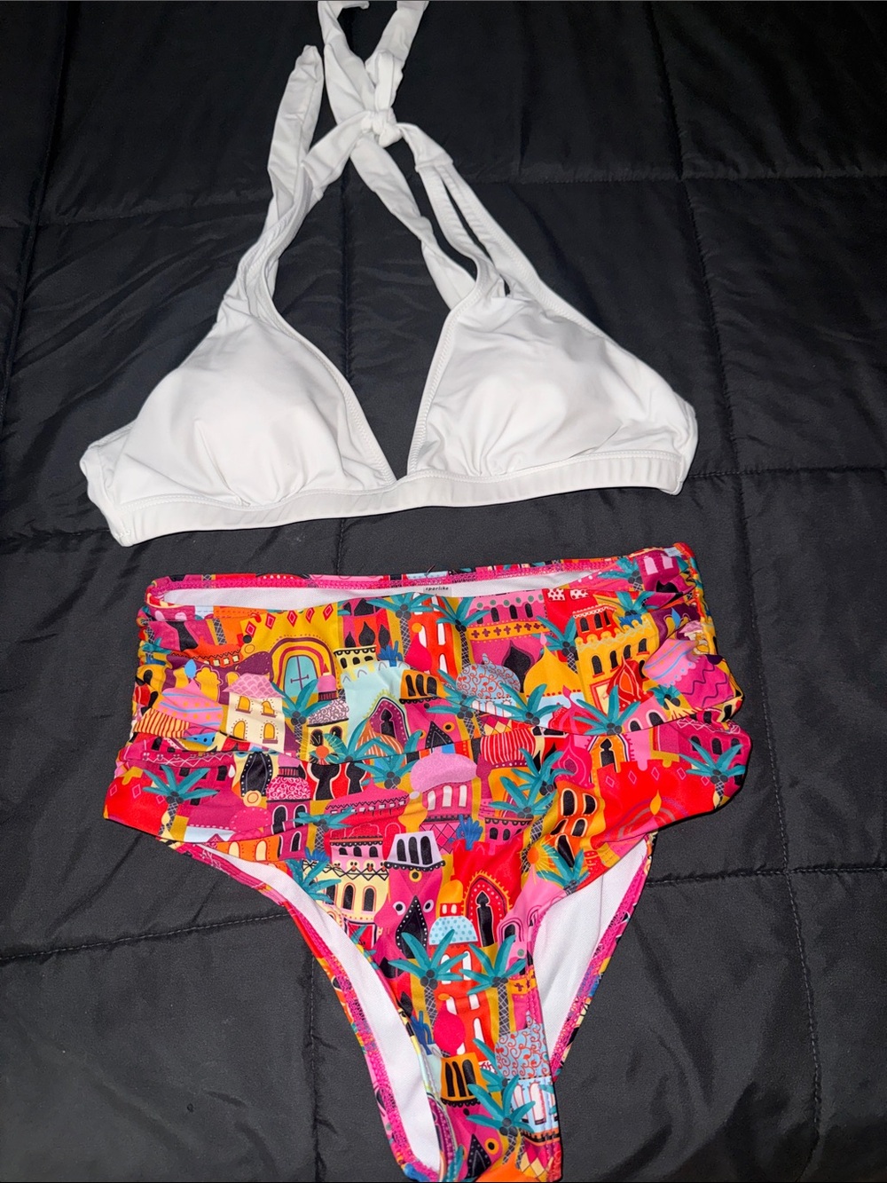 White Halter Bikini Top with Vibrant Printed High-Waist Bottoms